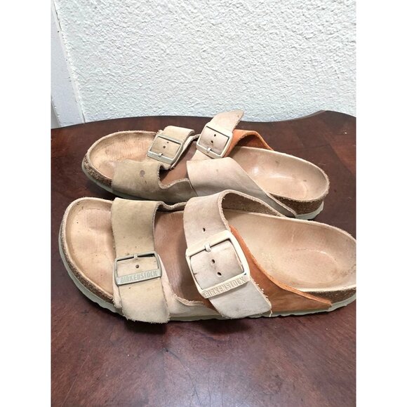 Birkenstock Arizona Beige/Brown Leather Cork Sole Double Strap Buckle Women's Si - Picture 4 of 13